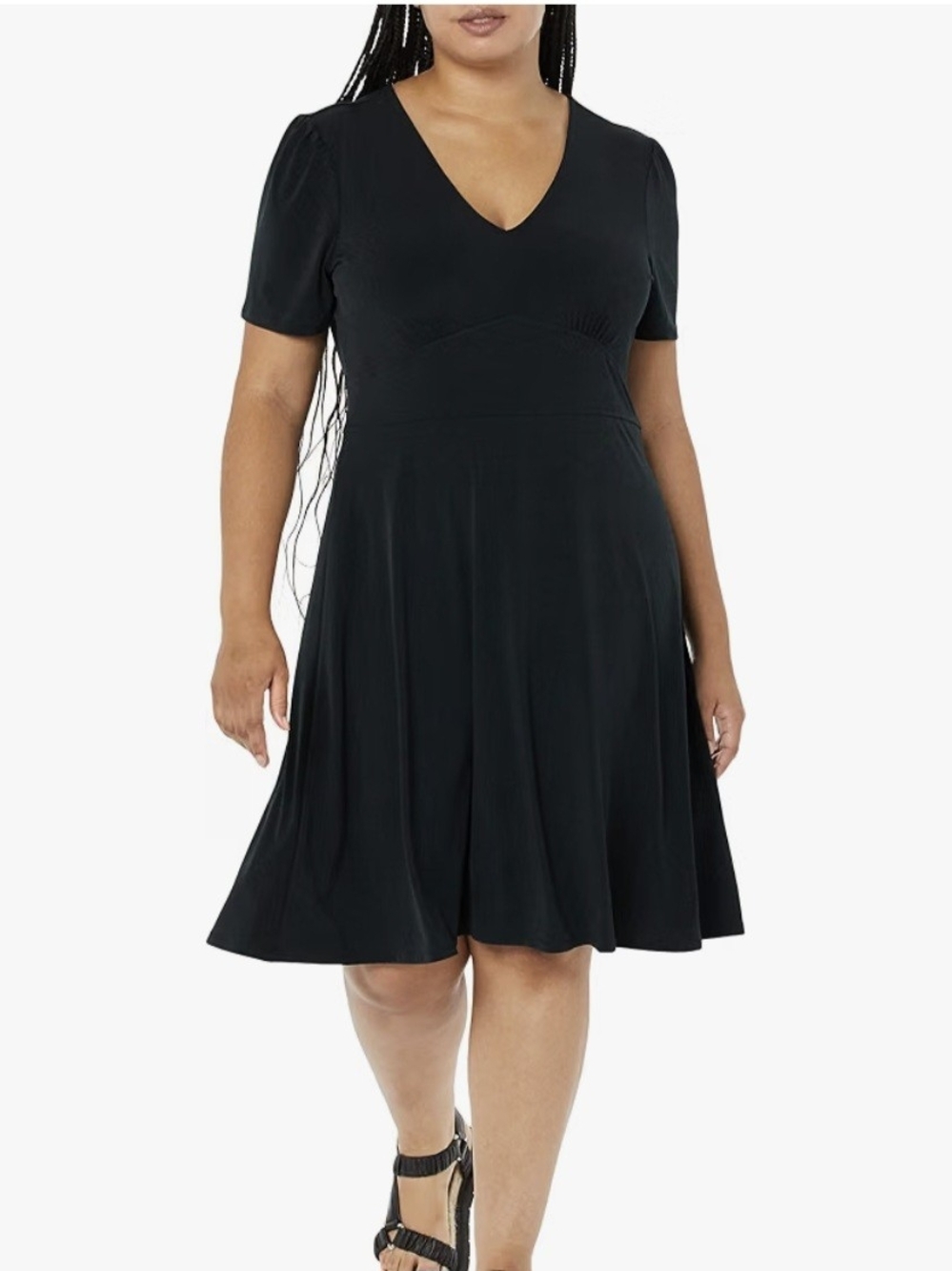 Amazon Black V-Neck Midi Dress with Short Sleeves - Large